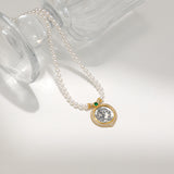 Green Round Zircon & Pearl Necklace - S925 Silver